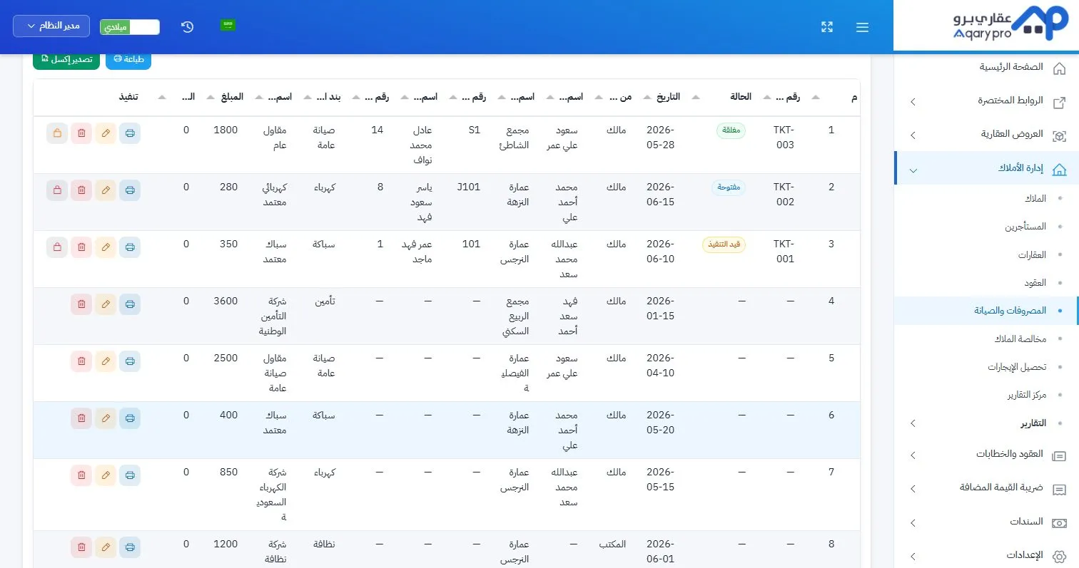 قائمة تذاكر الصيانة في عقاري برو، بأرقام التذاكر وحالة كل تذكرة